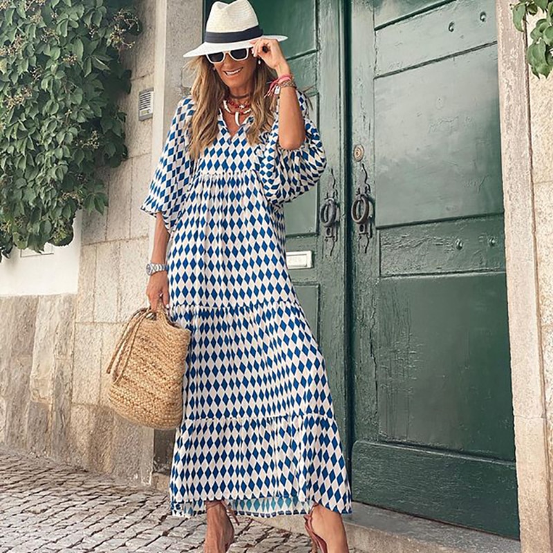 Boho Loose Maxi Dress Women Elegant Summer 2022 Geometric Ankle-length V-Neck Puff Sleeve Holiday Beach Dresses Party Vestidos