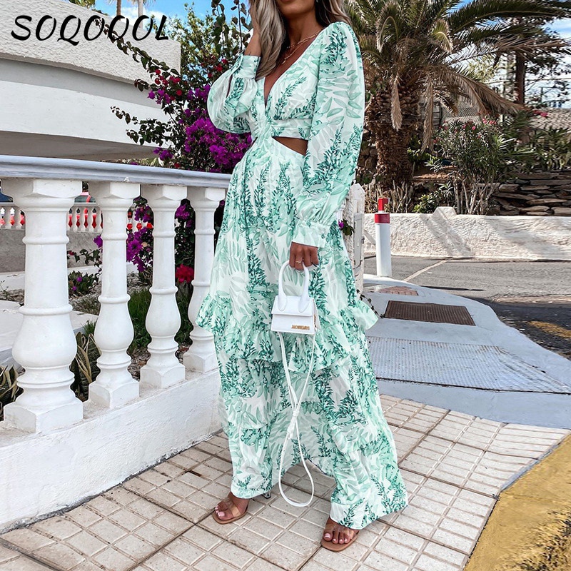 Bohemia Floral Long Dress Women Elgeant Summer 2022 Sexy V-Neck Backless Hollow Holiday Party Club Beach Maxi Dresses Vintage