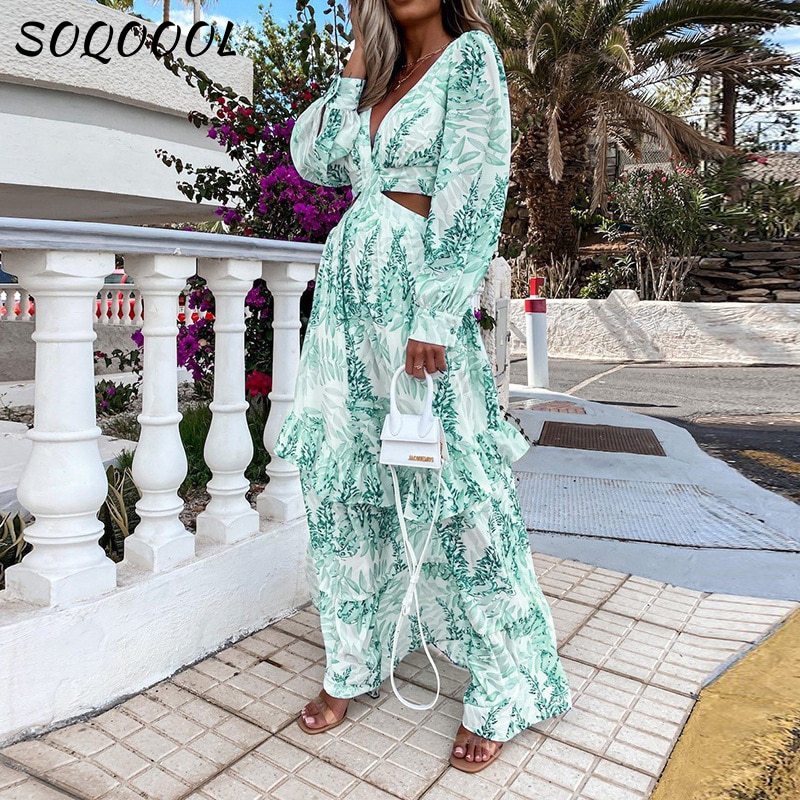 Bohemia Floral Long Dress Women Elgeant Summer 2022 Sexy V-Neck Backless Hollow Holiday Party Club Beach Maxi Dresses Vintage