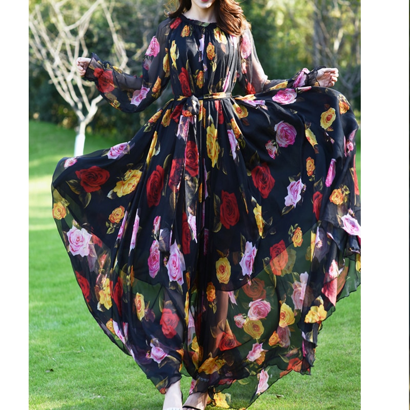 Maxi2 Dress Floral Printed  Loose Chiffon Fashion Abaya Islamic Clothes Muslim Female Saudi Arabia Dubai Kaftan Long Dress Summer