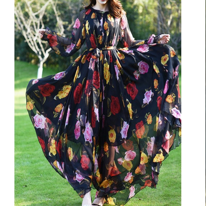 Maxi2 Dress Floral Printed  Loose Chiffon Fashion Abaya Islamic Clothes Muslim Female Saudi Arabia Dubai Kaftan Long Dress Summer