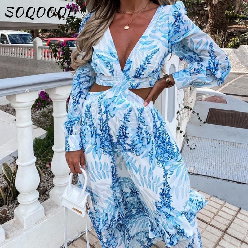Bohemia Floral Long Dress Women Elgeant Summer 2022 Sexy V-Neck Backless Hollow Holiday Party Club Beach Maxi Dresses Vintage