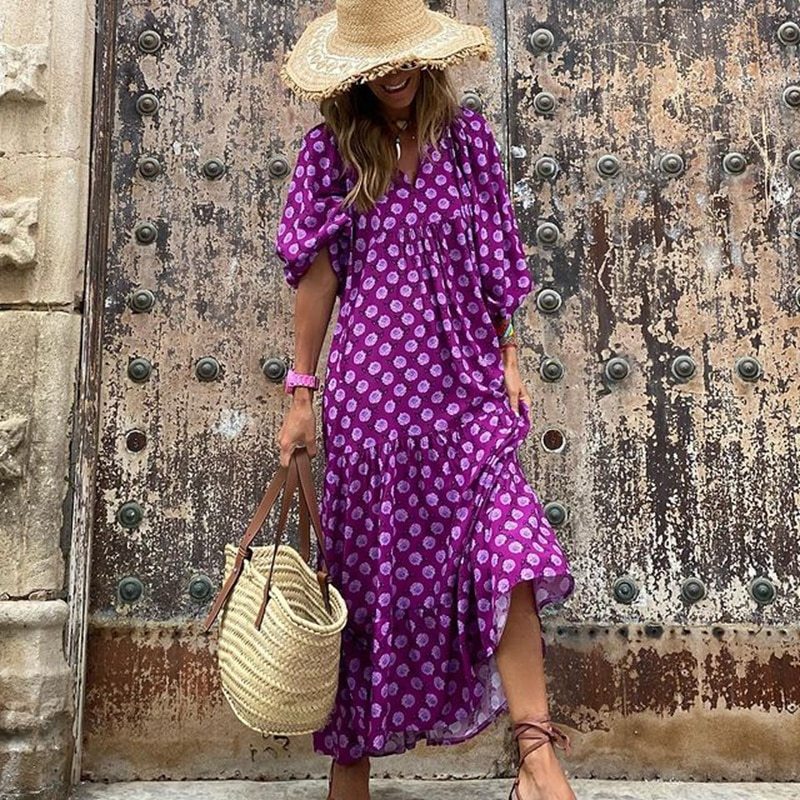 Boho Loose Maxi Dress Women Elegant Summer 2022 Geometric Ankle-length V-Neck Puff Sleeve Holiday Beach Dresses Party Vestidos