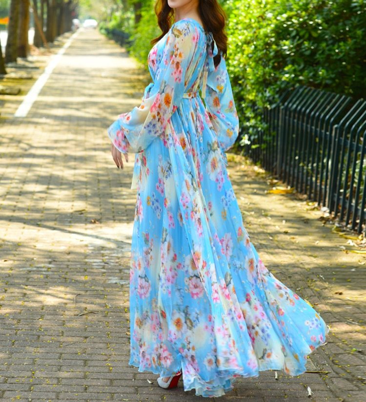 Maxi2 Dress Floral Printed  Loose Chiffon Fashion Abaya Islamic Clothes Muslim Female Saudi Arabia Dubai Kaftan Long Dress Summer