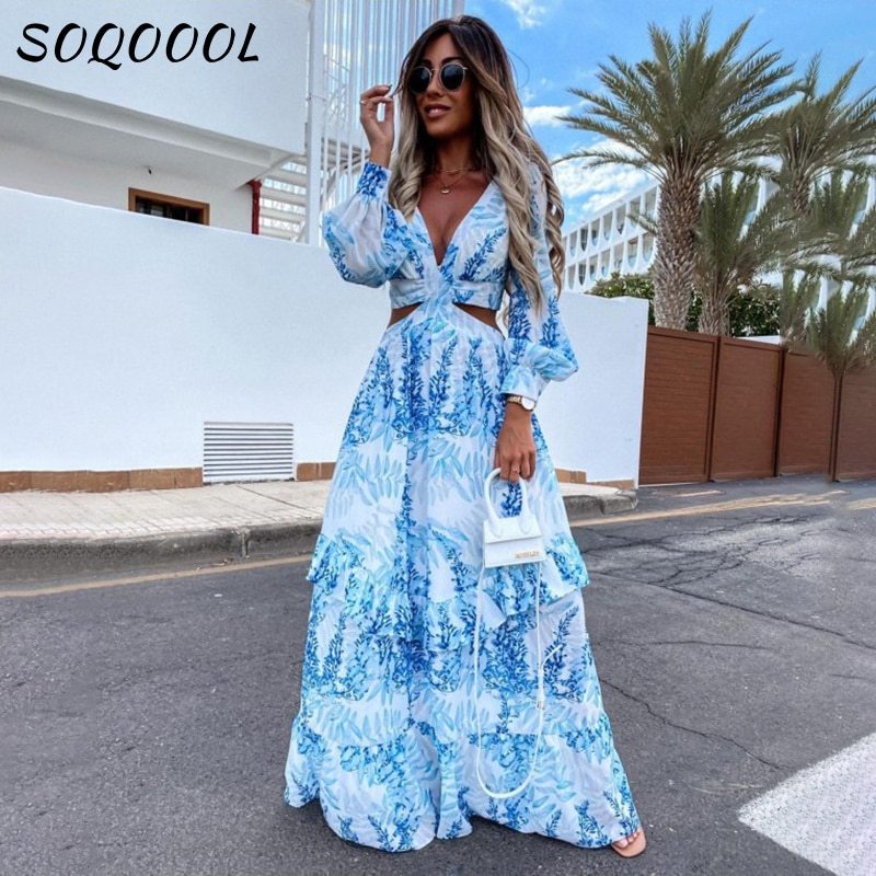 Bohemia Floral Long Dress Women Elgeant Summer 2022 Sexy V-Neck Backless Hollow Holiday Party Club Beach Maxi Dresses Vintage