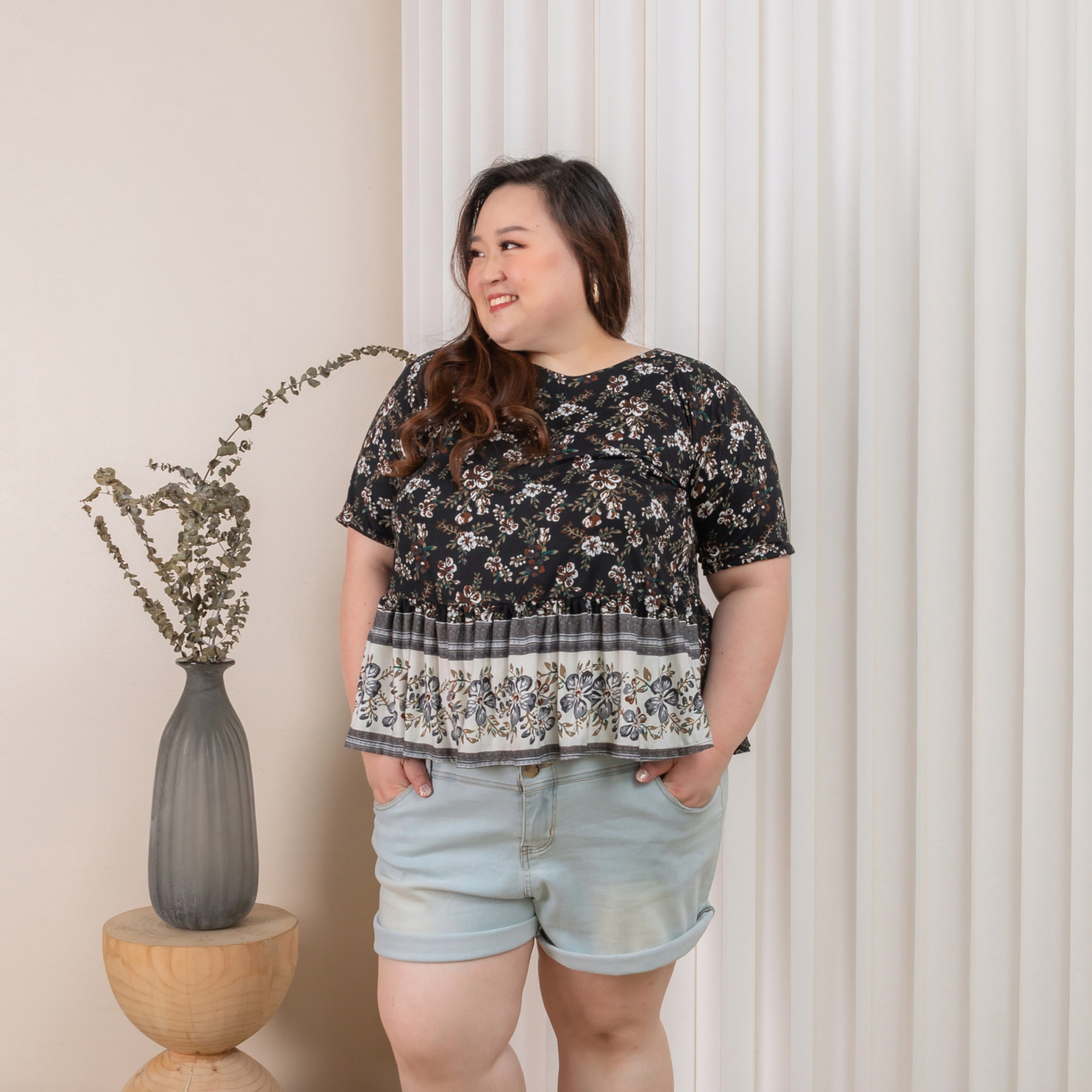 QUINCY LANDY TOP - BLACK FLORAL-Juneoesque-Plus Size Clothing