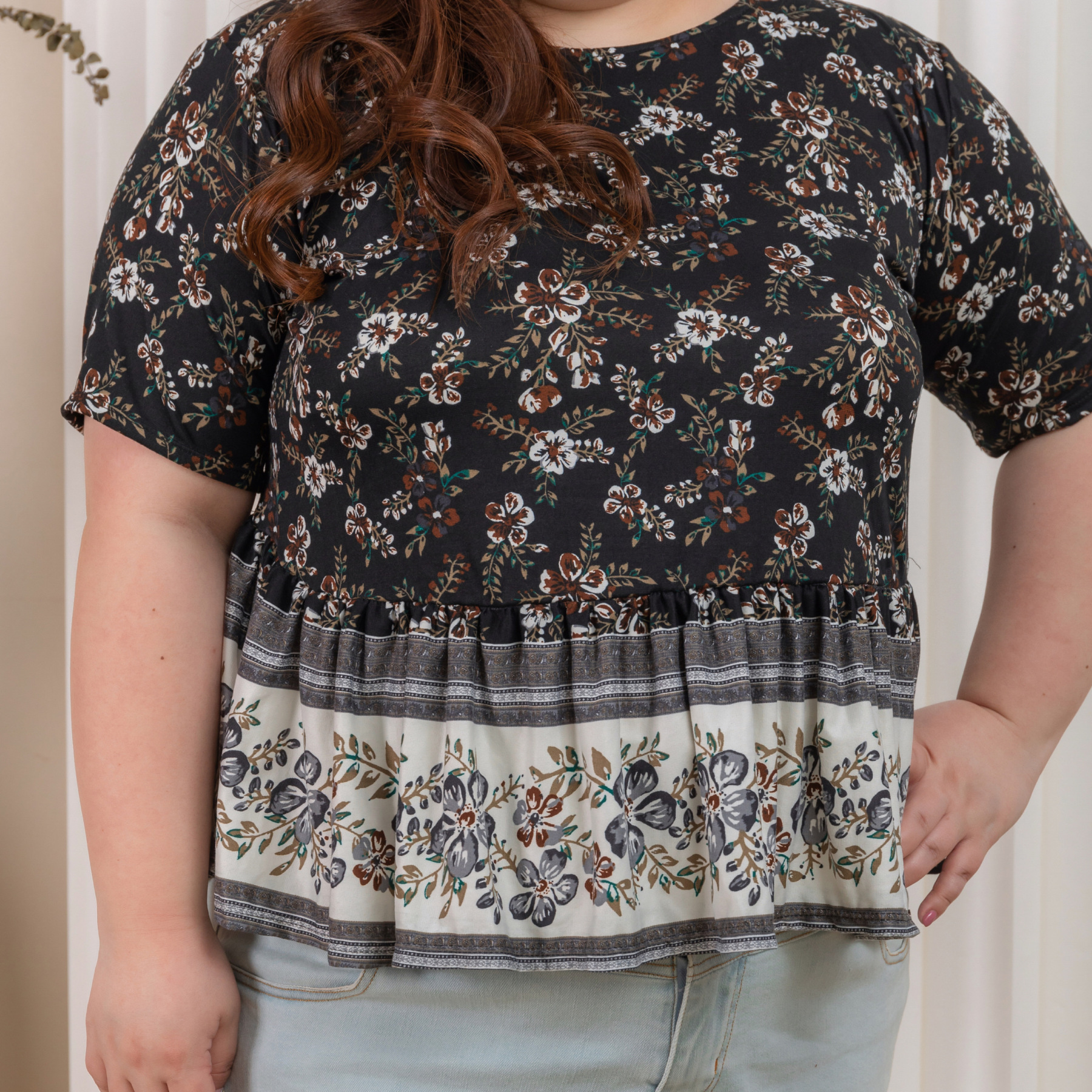 QUINCY LANDY TOP - BLACK FLORAL-Juneoesque-Plus Size Clothing
