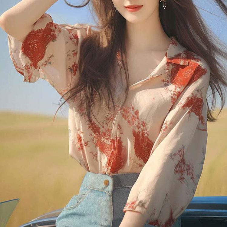 法式設計感紅色印花甜美小衫