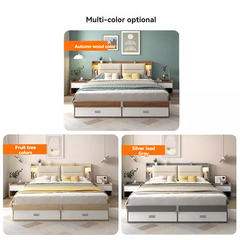 [Pre-order] New Muyue modern simple double storage bed small apartment bedroom with light high box bed multi-functional panel bed economical-Smart-Living