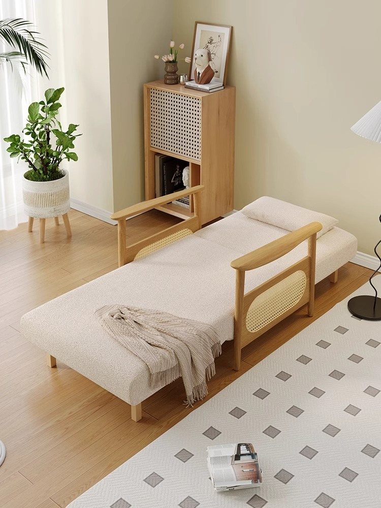 【Showroom】Solid wood sofa bed dual-purpose multi-functional folding sliding bed Japanese-style log small apartment living room single fabric sofa-Smart-Living
