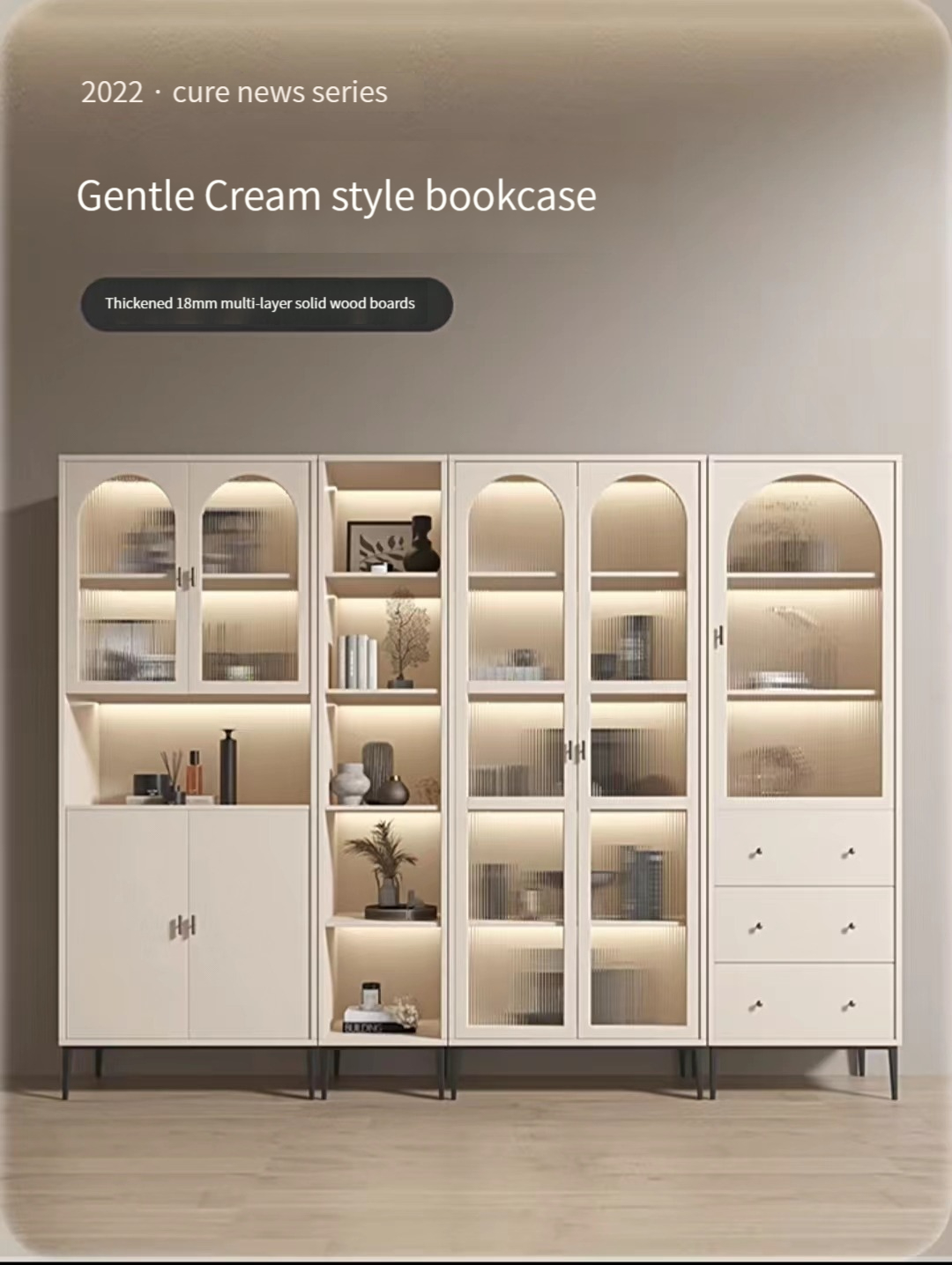 【Showroom】Wooden Bookcase with Glass Display Door, Drawers and Cabinet in French Style-Smart-Living