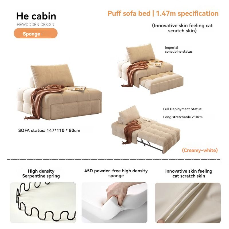 [Pre-order]  Wooden house Japanese cream style puff fabric sofa small apartment living room dual-purpose leather art retro single sofa bed Wabi Sabi-Smart-Living