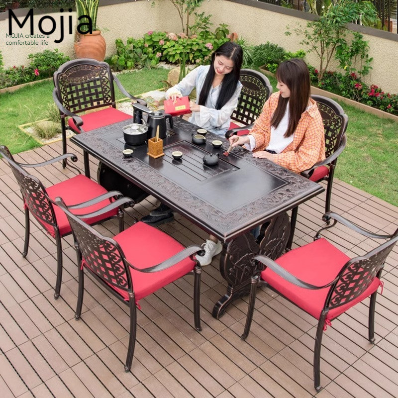 [Pre-order]  Mojia Family Tea Table Outdoor Cast Aluminum Tea Table Kung Fu Tea Set Integrated Rock Plate Tea Table Tea Table-Smart-Living