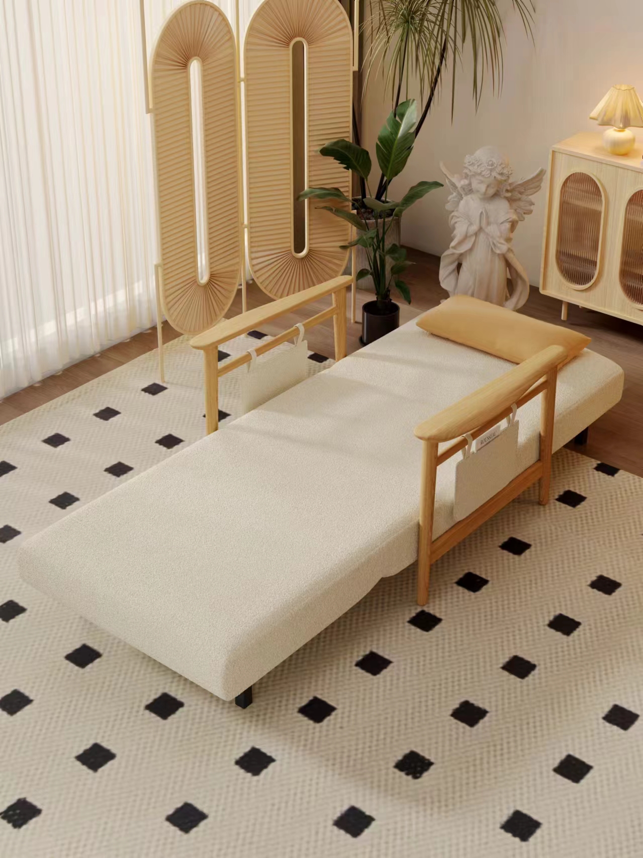 [Pre-order]  Senna spring solid wood sofa bed dual-purpose foldable Japanese-style small apartment living room fabric sofa balcony leisure single retractable bed 1.2 meters solid wood sofa bed [five-proof no-wash corduroy/latex style]-Smart-Living