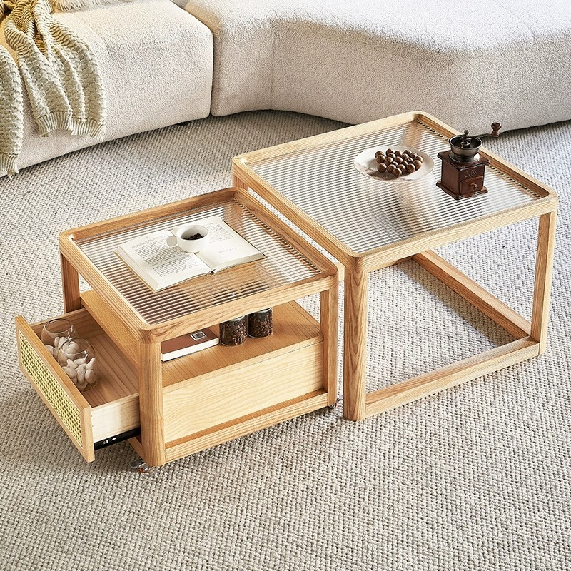 [Pre-order]  LEMARS Changhong glass coffee table moving side table combination Nordic log style countertop ash net red square tea table-Smart-Living