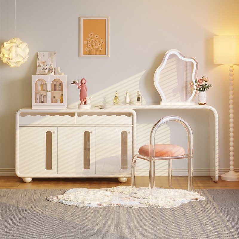 [Pre-order]  Cream style dressing table, bucket cabinet, integrated bedroom, modern and simple telescopic makeup table, mesh red French corner makeup table-Smart-Living