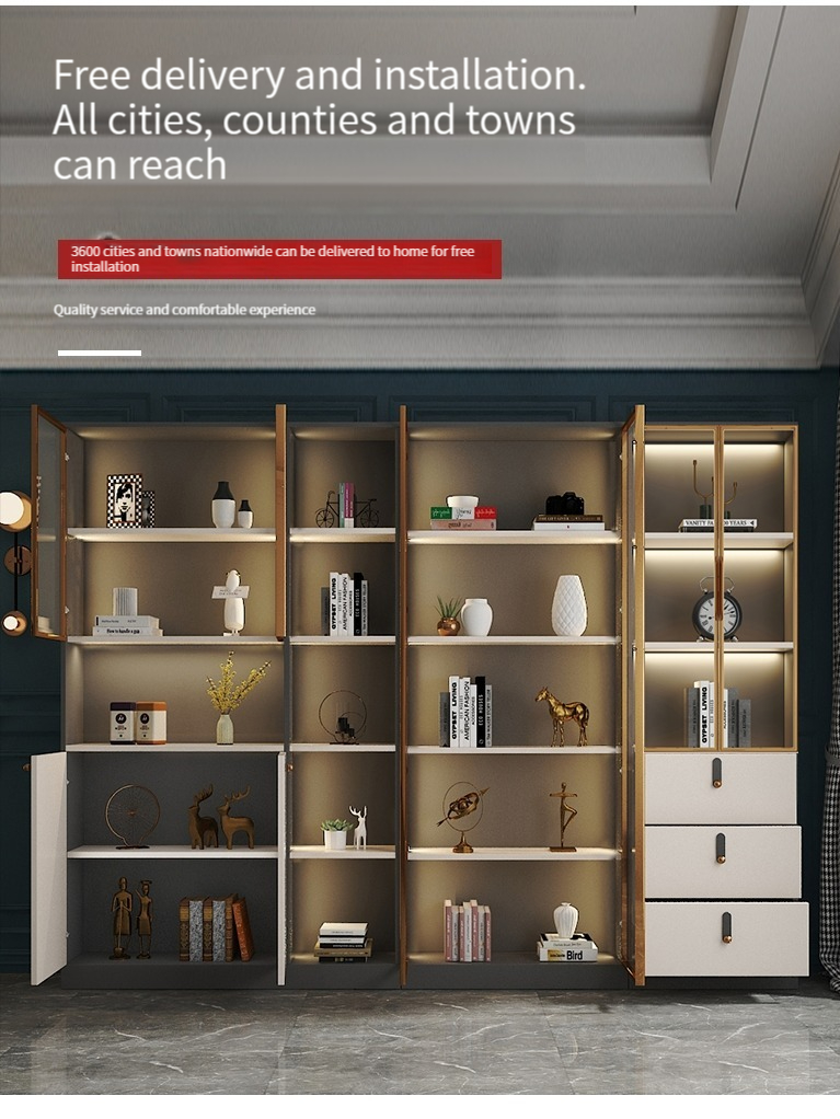 [Pre-order] Nordic Glass Door Full Wall Bookcase, Simple and Modern, with Doors, Storage Shelves, and Floor-standing Study Background Wall, Large Bookshelf.-Smart-Living