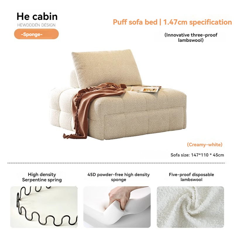 [Pre-order]  Wooden house Japanese cream style puff fabric sofa small apartment living room dual-purpose leather art retro single sofa bed Wabi Sabi-Smart-Living