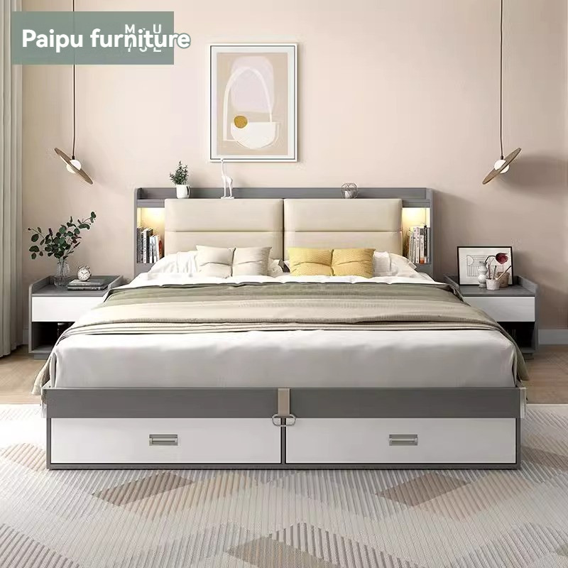 [Pre-order] New Muyue modern simple double storage bed small apartment bedroom with light high box bed multi-functional panel bed economical-Smart-Living