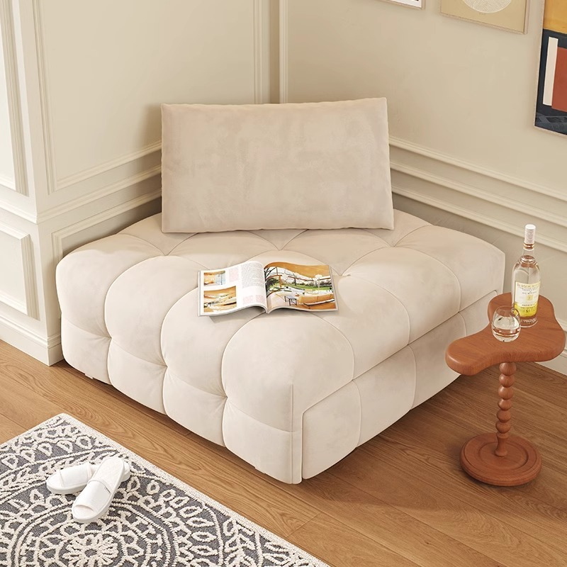 [Pre-order]  Wooden house Japanese cream style puff fabric sofa small apartment living room dual-purpose leather art retro single sofa bed Wabi Sabi-Smart-Living