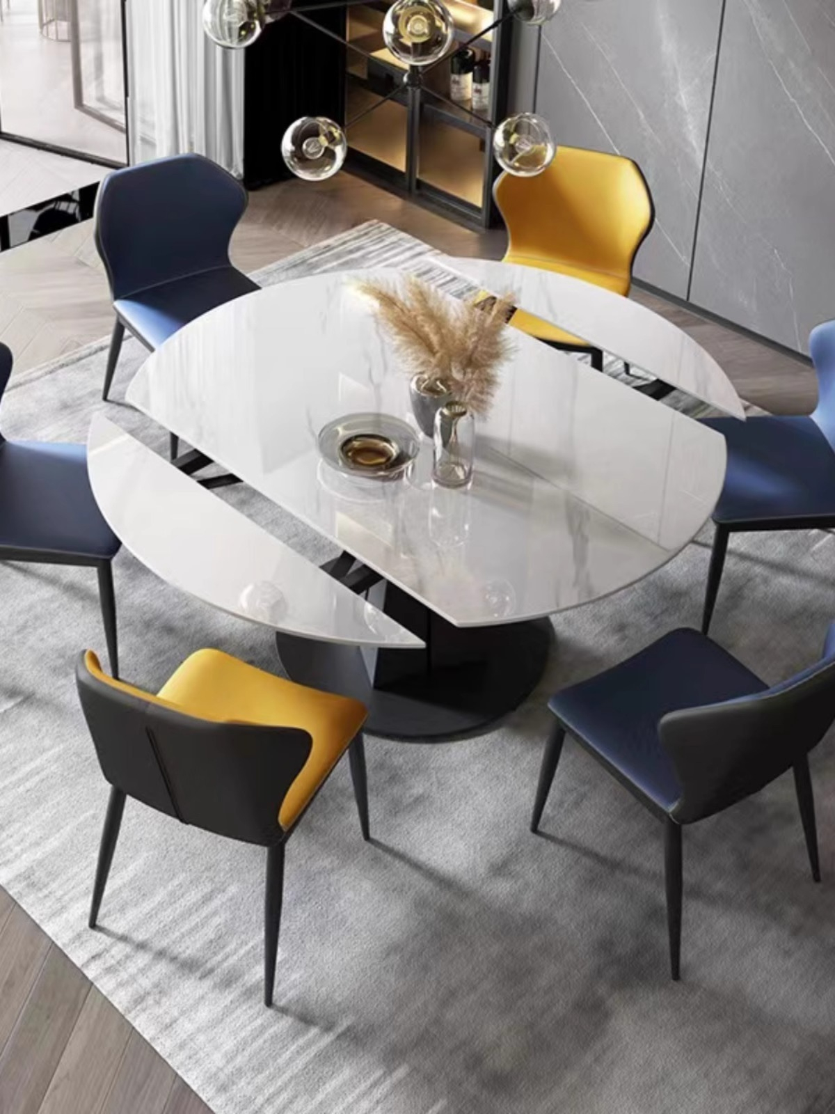 [Pre-order] Simple modern rotating telescopic square to round rock plate dining table household small household round dining room table variable square and round-Smart-Living