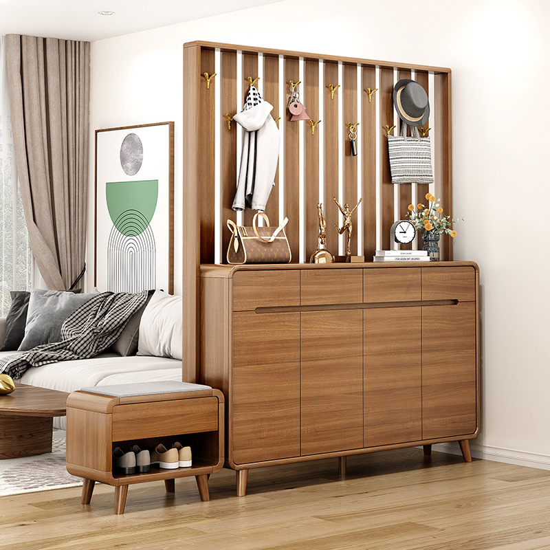 [Pre-order]  Coat Hanger Shoe Cabinet Solid Wood Frame Entry Partition Cabinet Large Capacity Storage Storage Cabinet At the Door Of the Home Stool-Smart-Living