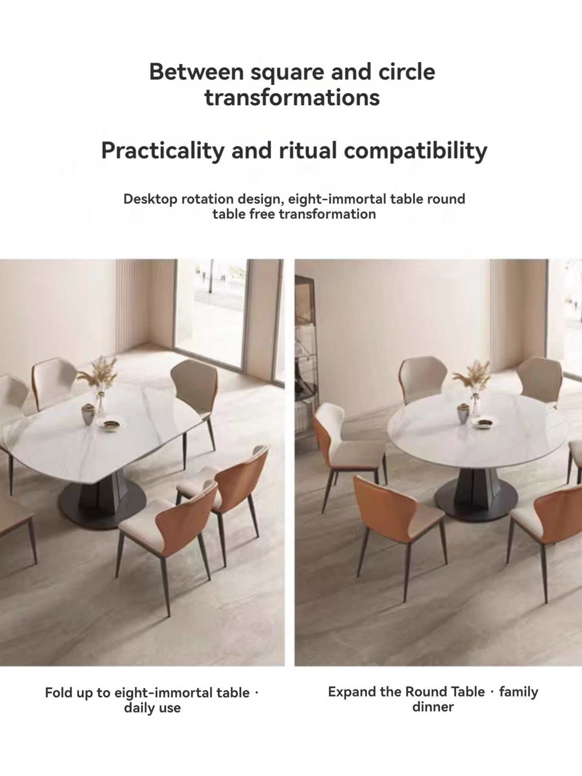 [Pre-order] Simple modern rotating telescopic square to round rock plate dining table household small household round dining room table variable square and round-Smart-Living