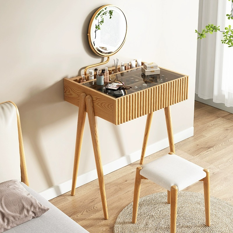 [Pre-order]  LEMARS small apartment dressing table, solid wood dressing table, ash desk, bedroom, modern minimalist log dresser-Smart-Living
