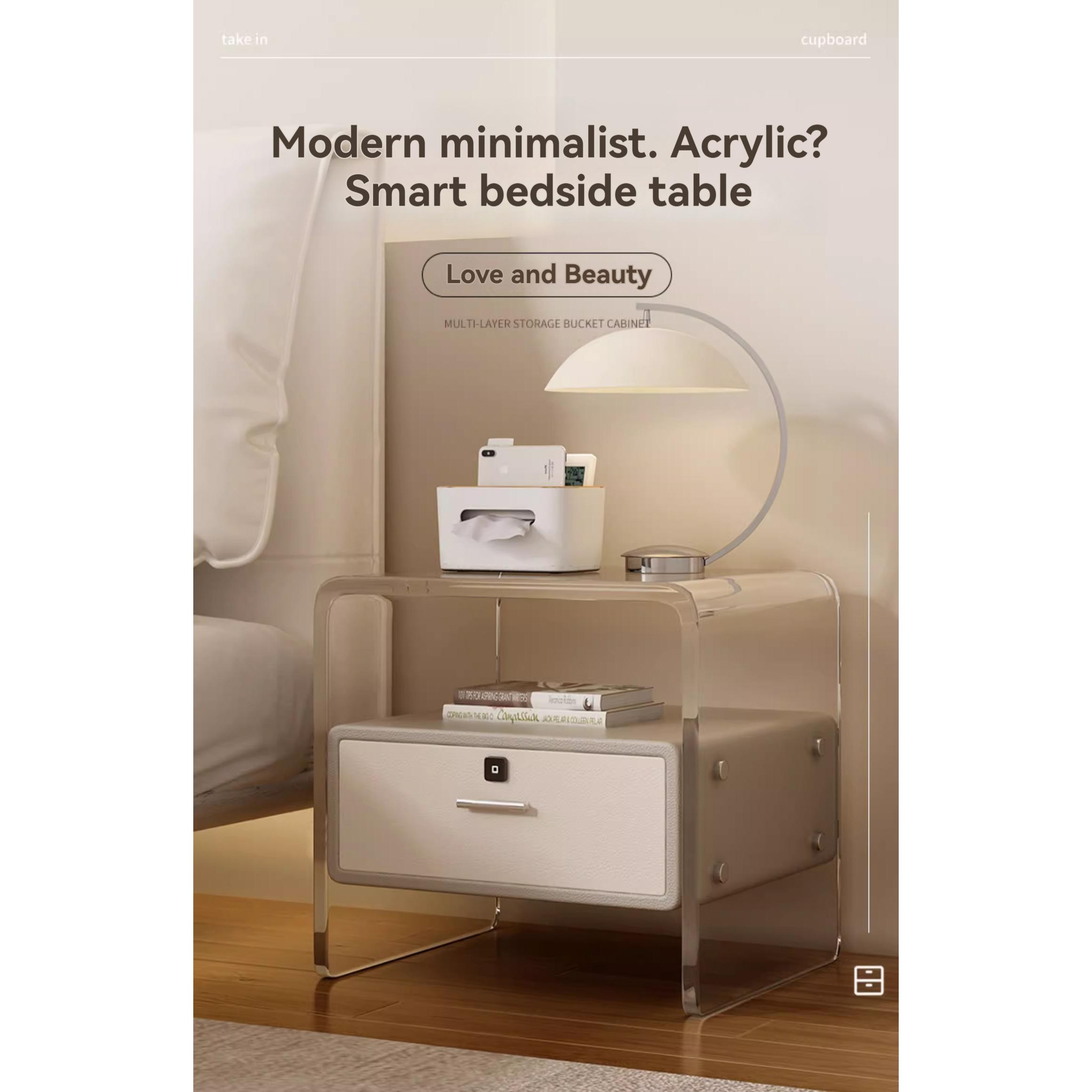 [Local Stock] Acrylic Nightstand Modern Simple Multifunctional With Lock Cream Wind High Value Children's Room Sideboard Small Mini-Smart-Living