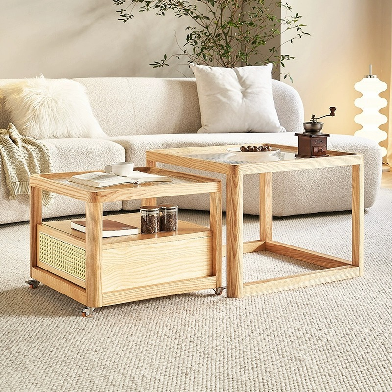 [Pre-order]  LEMARS Changhong glass coffee table moving side table combination Nordic log style countertop ash net red square tea table-Smart-Living