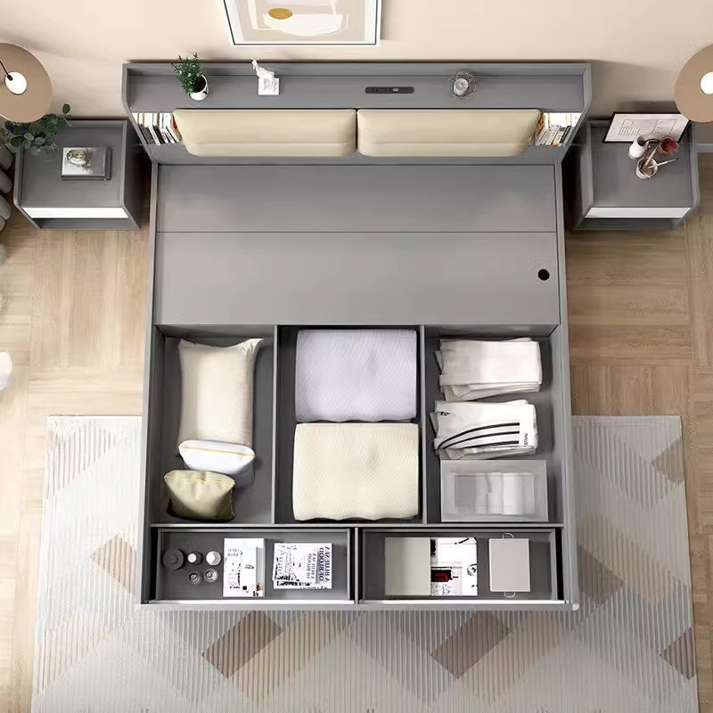 [Pre-order] New Muyue modern simple double storage bed small apartment bedroom with light high box bed multi-functional panel bed economical-Smart-Living