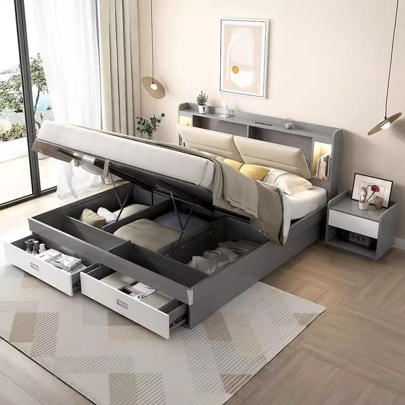 [Pre-order] New Muyue modern simple double storage bed small apartment bedroom with light high box bed multi-functional panel bed economical-Smart-Living