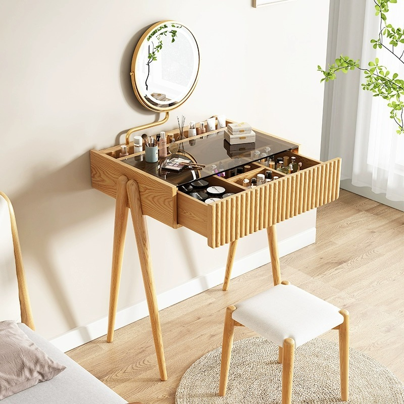 [Pre-order]  LEMARS small apartment dressing table, solid wood dressing table, ash desk, bedroom, modern minimalist log dresser-Smart-Living