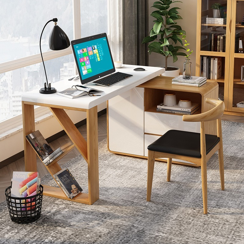 [Pre-order]  New Chinese-style solid wood desktop bookshelf, Nordic style home office computer desk, retractable study desk combination-Smart-Living