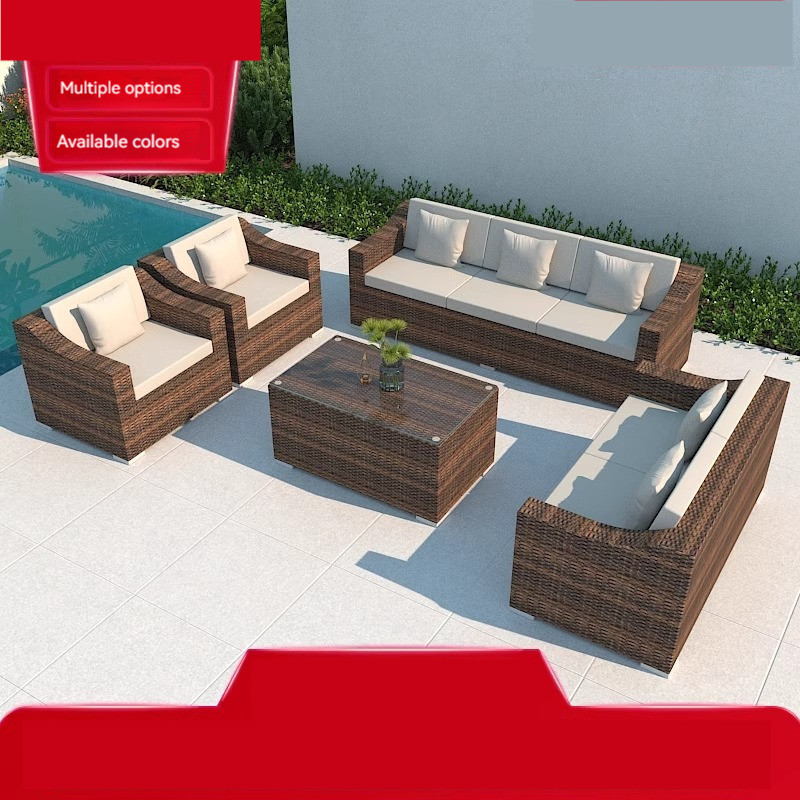 [Pre-order]  Outdoor sofa for courtyard, terrace, balcony, three-person leisure living room combination, made of rattan-Smart-Living