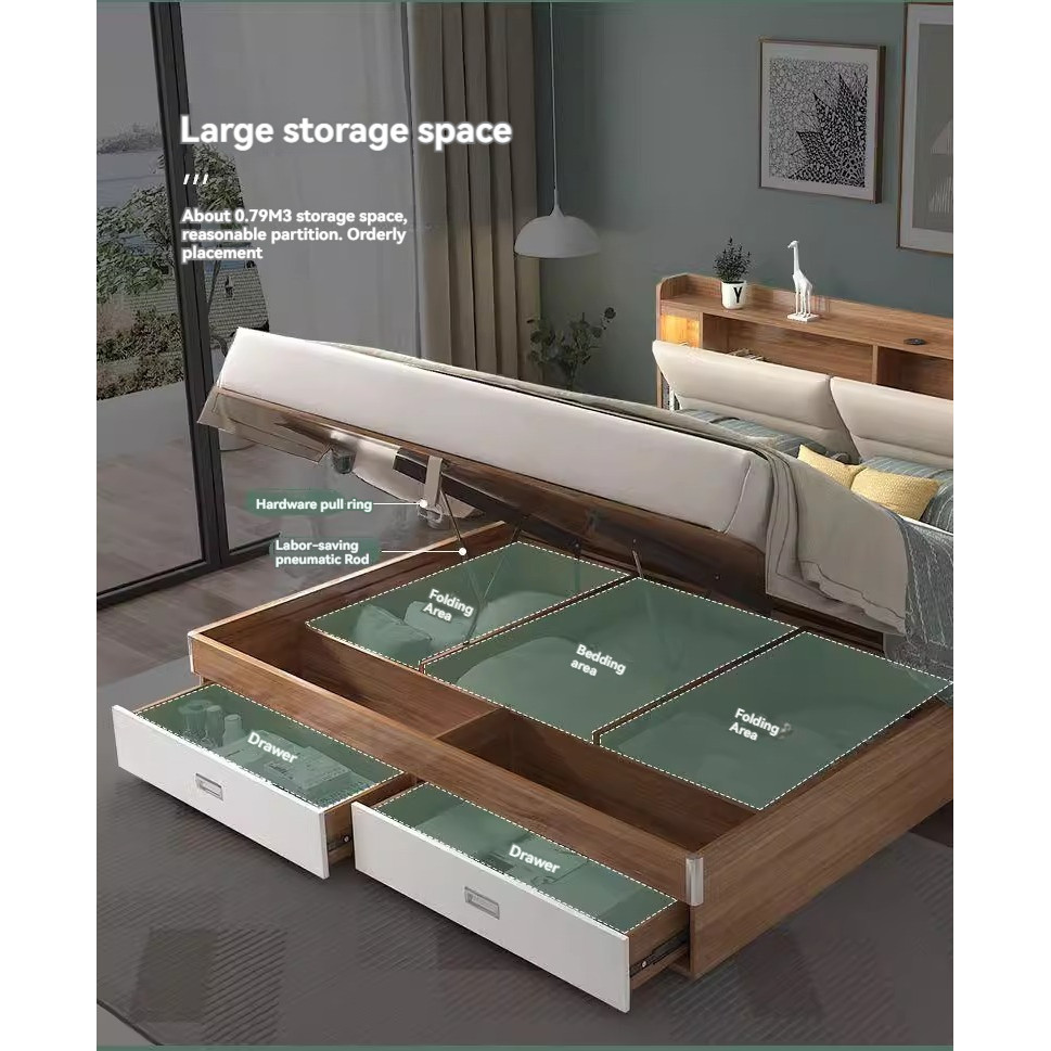 [Pre-order] New Muyue modern simple double storage bed small apartment bedroom with light high box bed multi-functional panel bed economical-Smart-Living