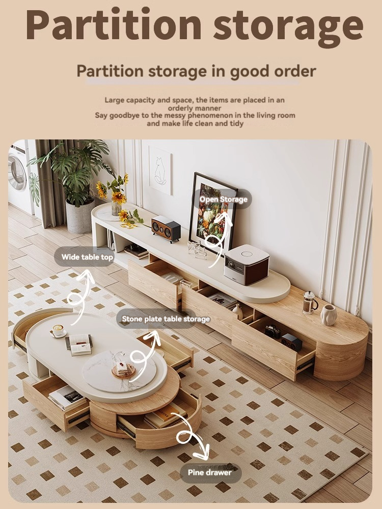 [Pre-order]  Tea table living room home 2023 new minimalist cream style tea table TV cabinet combination Japanese log designer-Smart-Living