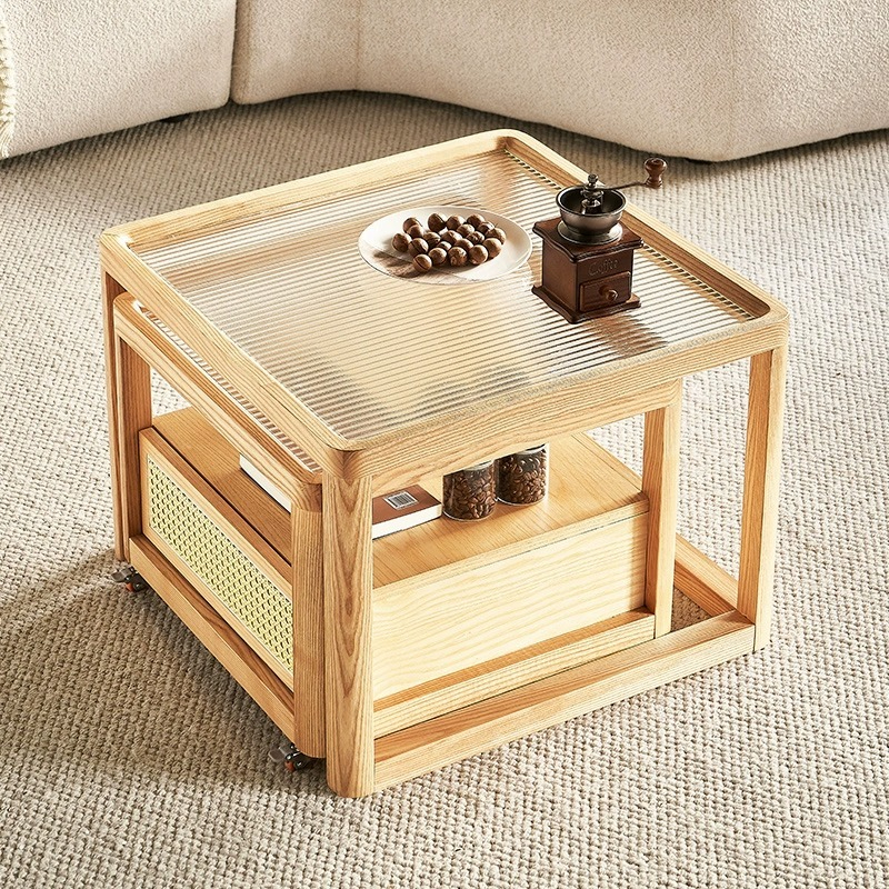 [Pre-order]  LEMARS Changhong glass coffee table moving side table combination Nordic log style countertop ash net red square tea table-Smart-Living