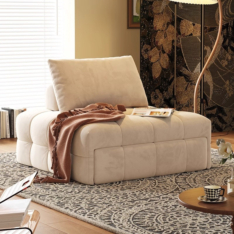 [Pre-order]  Wooden house Japanese cream style puff fabric sofa small apartment living room dual-purpose leather art retro single sofa bed Wabi Sabi-Smart-Living