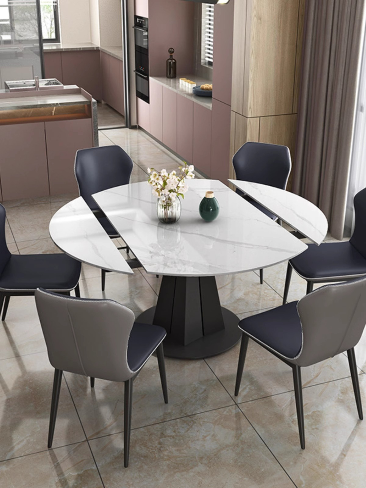 [Pre-order] Simple modern rotating telescopic square to round rock plate dining table household small household round dining room table variable square and round-Smart-Living