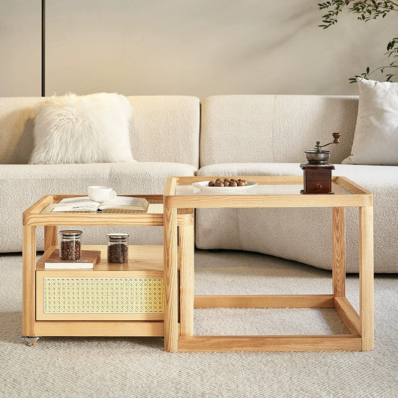 [Pre-order]  LEMARS Changhong glass coffee table moving side table combination Nordic log style countertop ash net red square tea table-Smart-Living