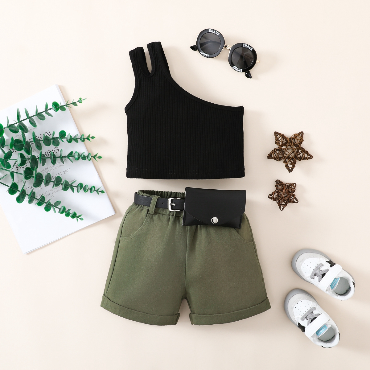 Toddler Girl Fashion Solid Color Asymmetric Tank Top & Shorts & Belt Wholesale