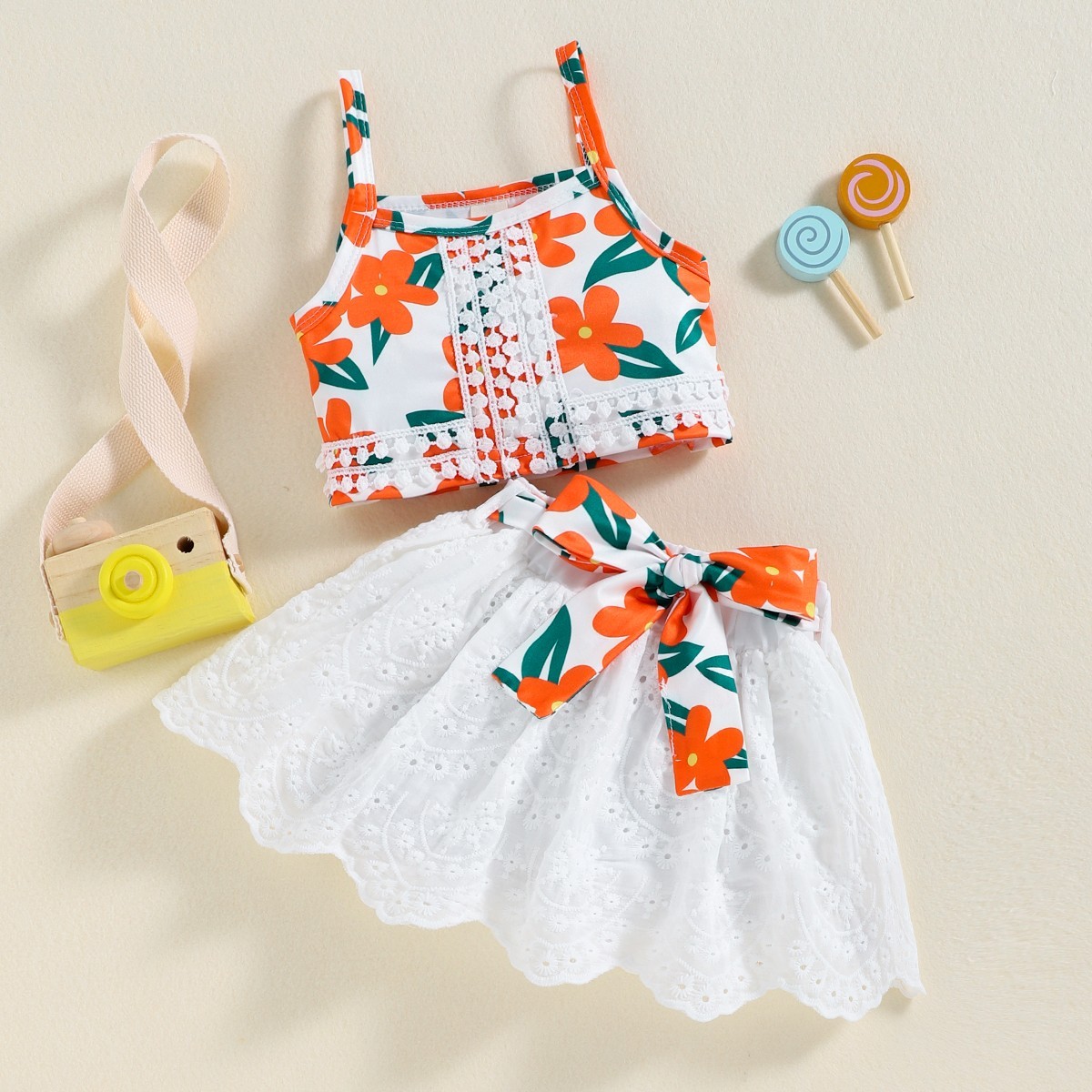 Toddler Girls Umbrella Skirt Floral Sleeveless Lace Top & Skirt Wholesale