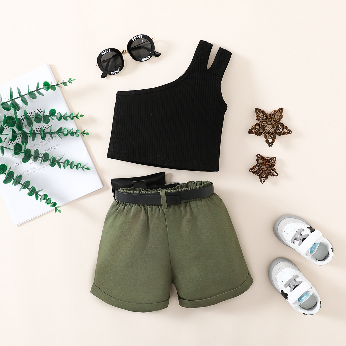 Toddler Girl Fashion Solid Color Asymmetric Tank Top & Shorts & Belt Wholesale