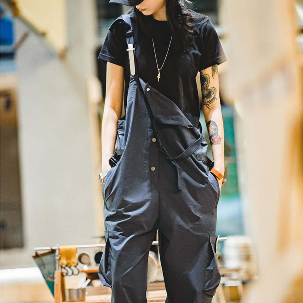 美式機能風工裝背帶褲山系戶外防水寬鬆個性闊腿褲女-Retro's Wear