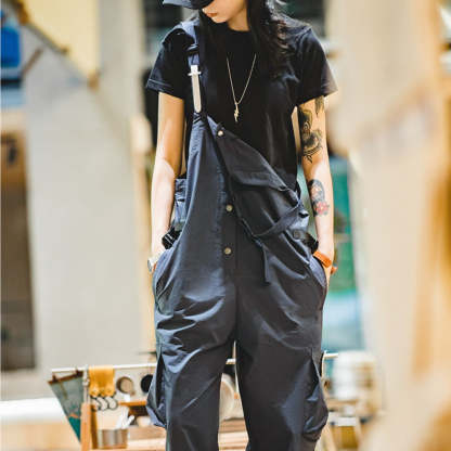 美式機能風工裝背帶褲山系戶外防水寬鬆個性闊腿褲女-Retro's Wear