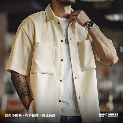 美式休閒oversize垂感免燙襯衫肌理感廓形短袖襯衣男夏-Retro's Wear