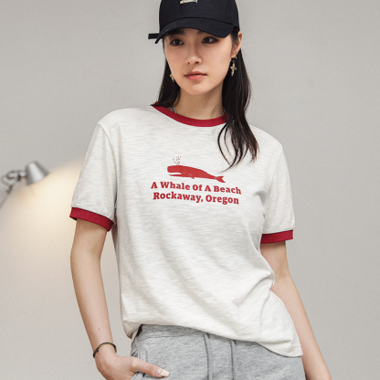 印花字母短袖休閒寬鬆圓領上衣正肩T恤撞色羅紋顯瘦打底衫女-Retro's Wear