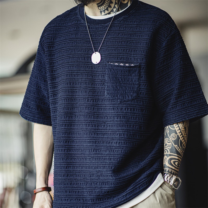 美式復古針織提花波浪紋T恤肌理感咔嘰寬鬆短袖體恤男夏-Retro's Wear