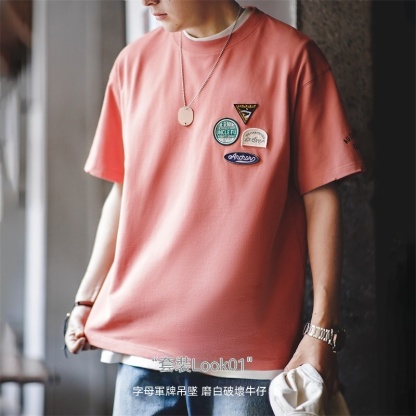 美式休閒刺繡徽章短袖T恤設計感純棉圓領五分袖Tee男夏-Retro's Wear